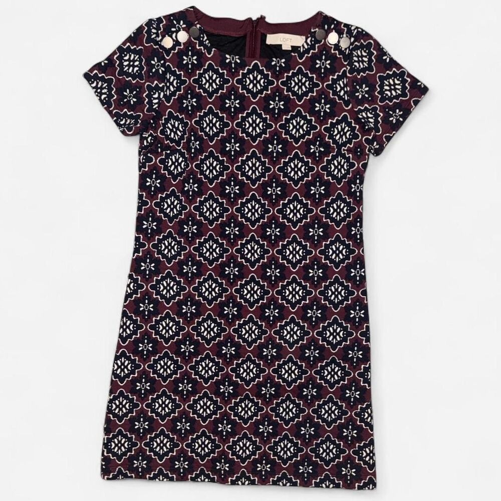 LOFT Business Casual Short Sleeve Burgundy and Navy Geometric Print Mini Dress